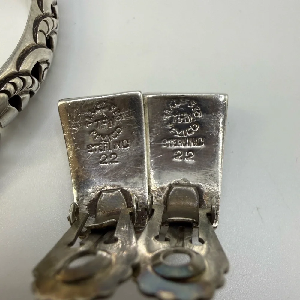 Vintage Taxco Mexico Sterling Silver Bracelet & Earring Set 33.28g 7.5” - Picture 3 of 6